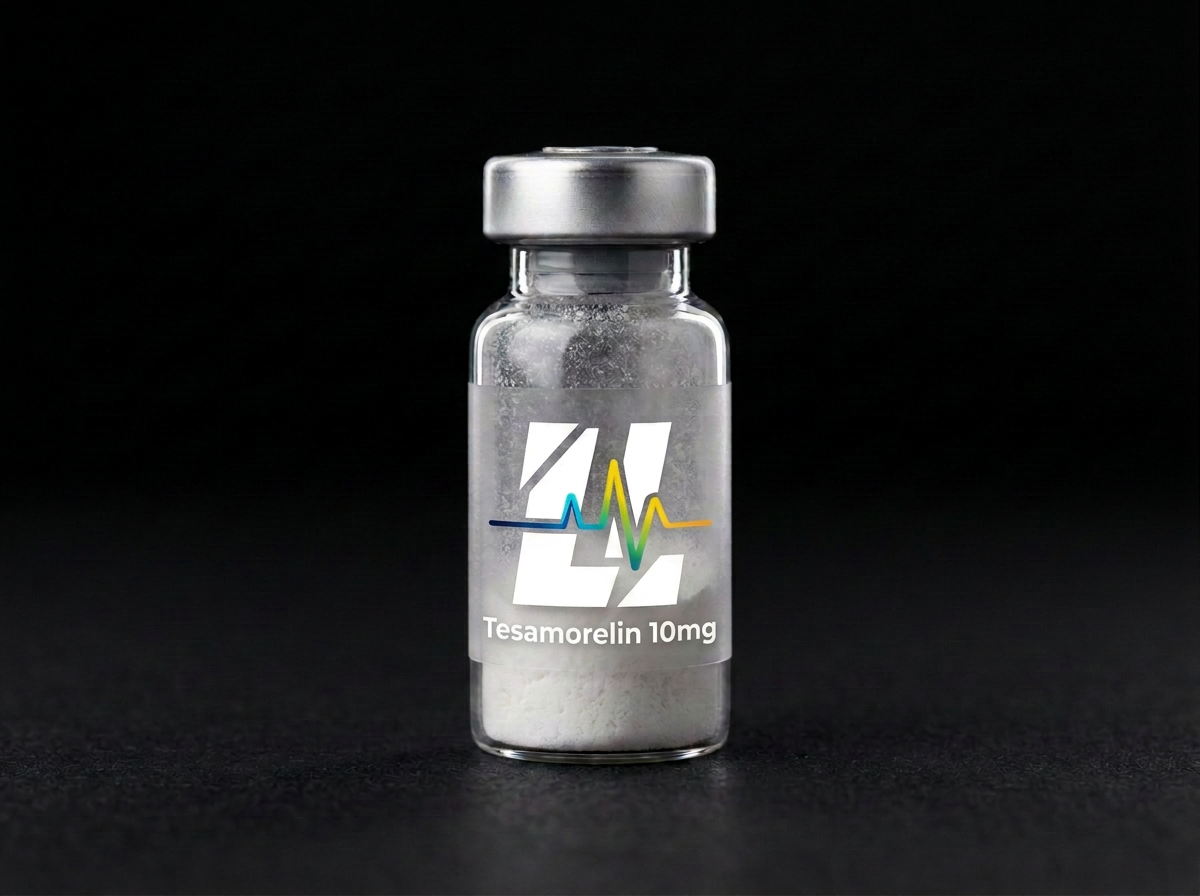 Tesamorelin 10mg research reference material — Growth hormone releasing hormone analog studied in endocrine signaling research.
